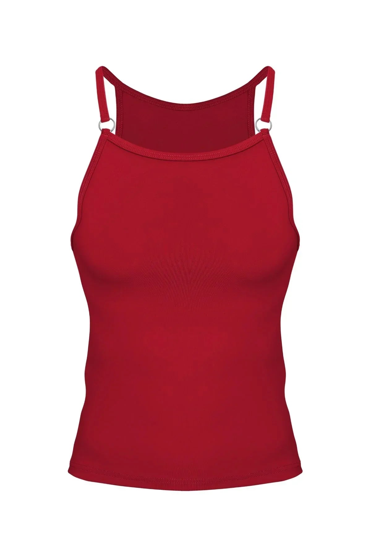 Red men's fitted tank top with thin straps and metal ring accents, sporty underwear style