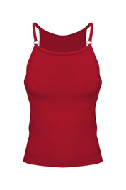 Red men's fitted tank top with thin straps and metal ring accents, sporty underwear style