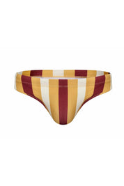 Men's striped bikini brief in maroon, mustard, and white — sexy, comfortable swimwear design