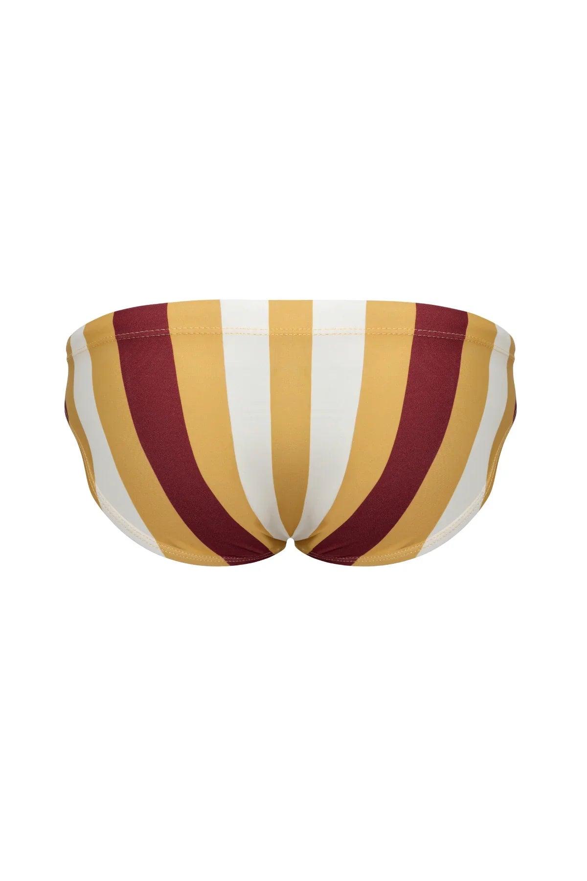 Striped men's swim brief in maroon, mustard, and white — bold, comfortable swimwear design