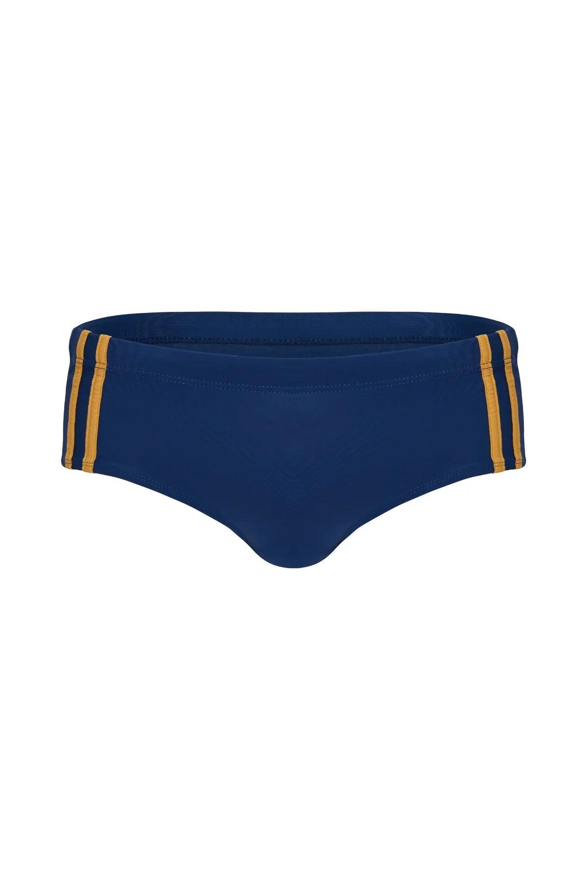 Navy blue men's brief with gold side stripes, stylish and comfortable underwear design