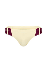 Cream men's bikini brief with burgundy side stripes, stylish and comfortable swimwear design