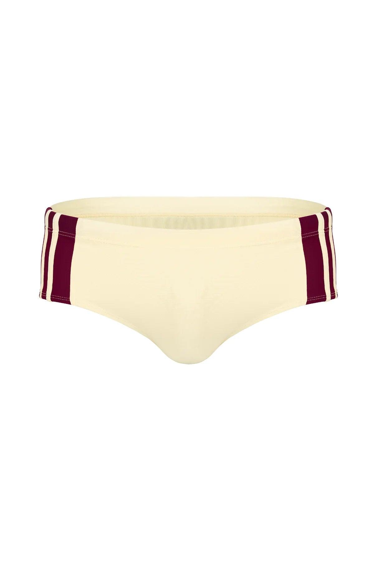 Cream men's brief with burgundy side stripes, athletic fit underwear for comfort and style