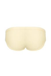 Cream men's low-rise briefs with seamless design, soft fabric, and contoured fit for comfort and style.