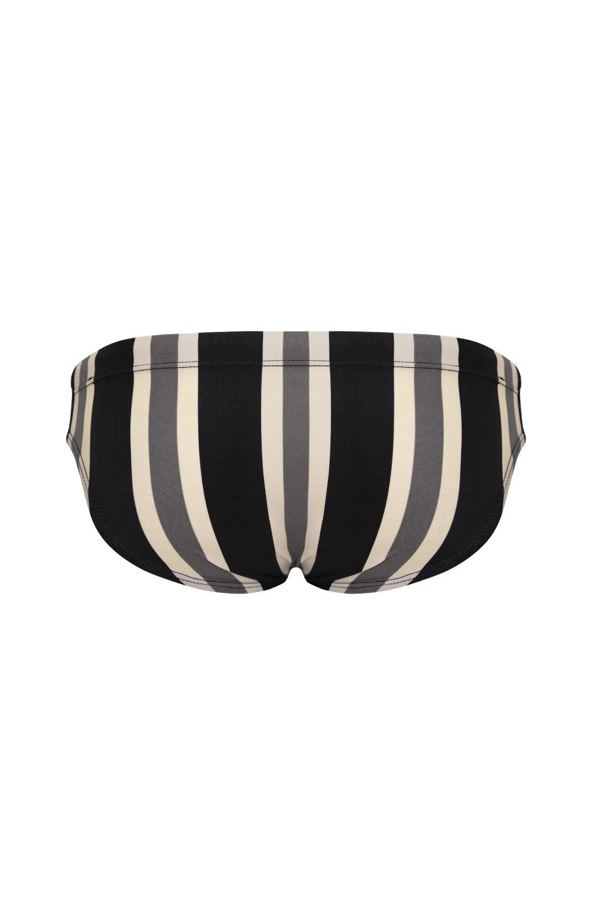 Men's striped bikini briefs in black, gray, and cream — bold, comfortable swimwear design