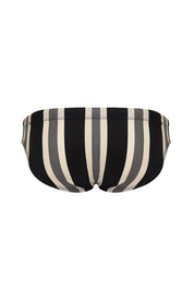 Men's striped bikini briefs in black, gray, and cream — bold, comfortable swimwear design