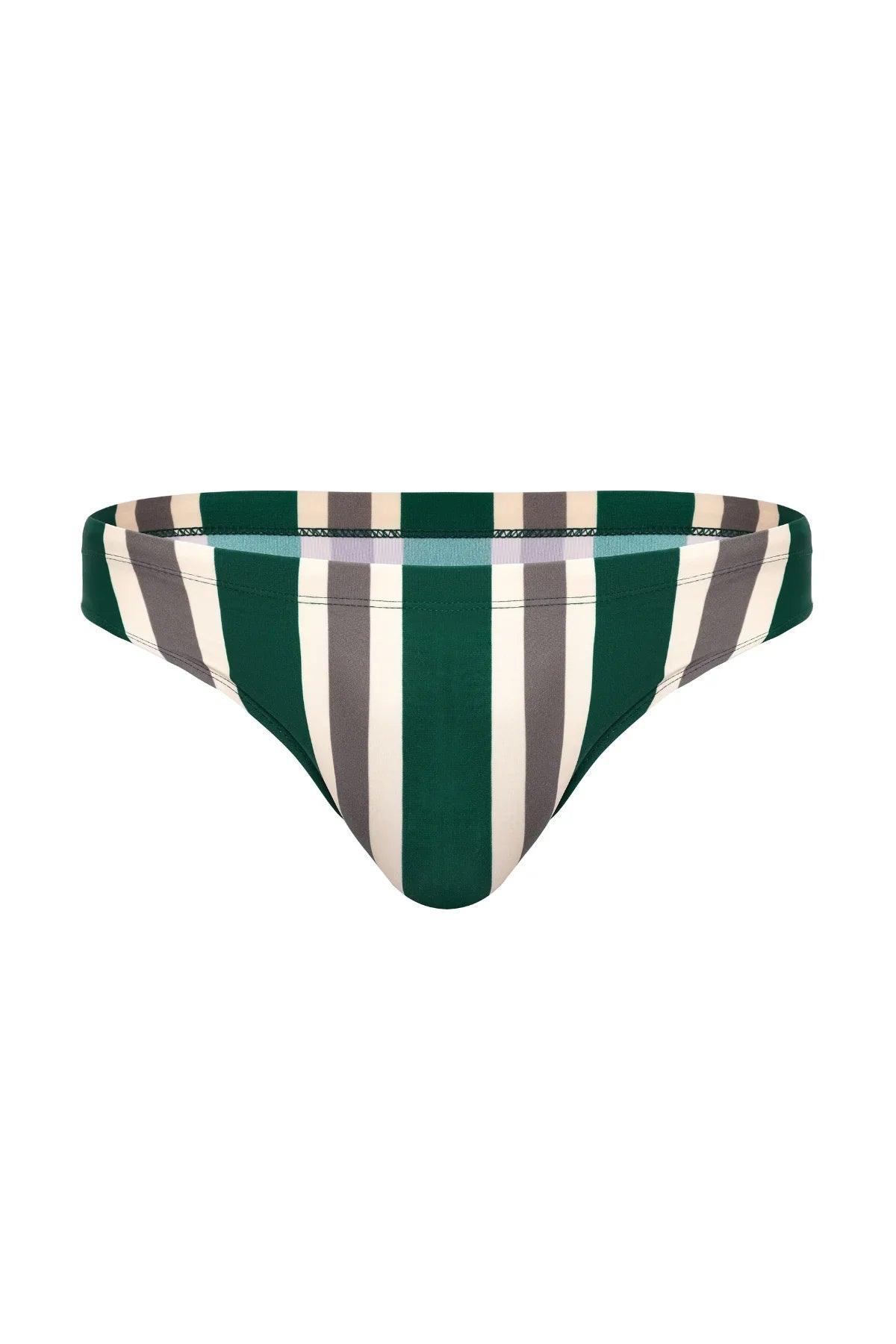 Men's striped bikini brief in green, gray, and cream — bold, comfortable swimwear design.