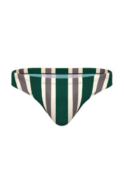 Men's striped bikini brief in green, gray, and cream — bold, comfortable swimwear design.