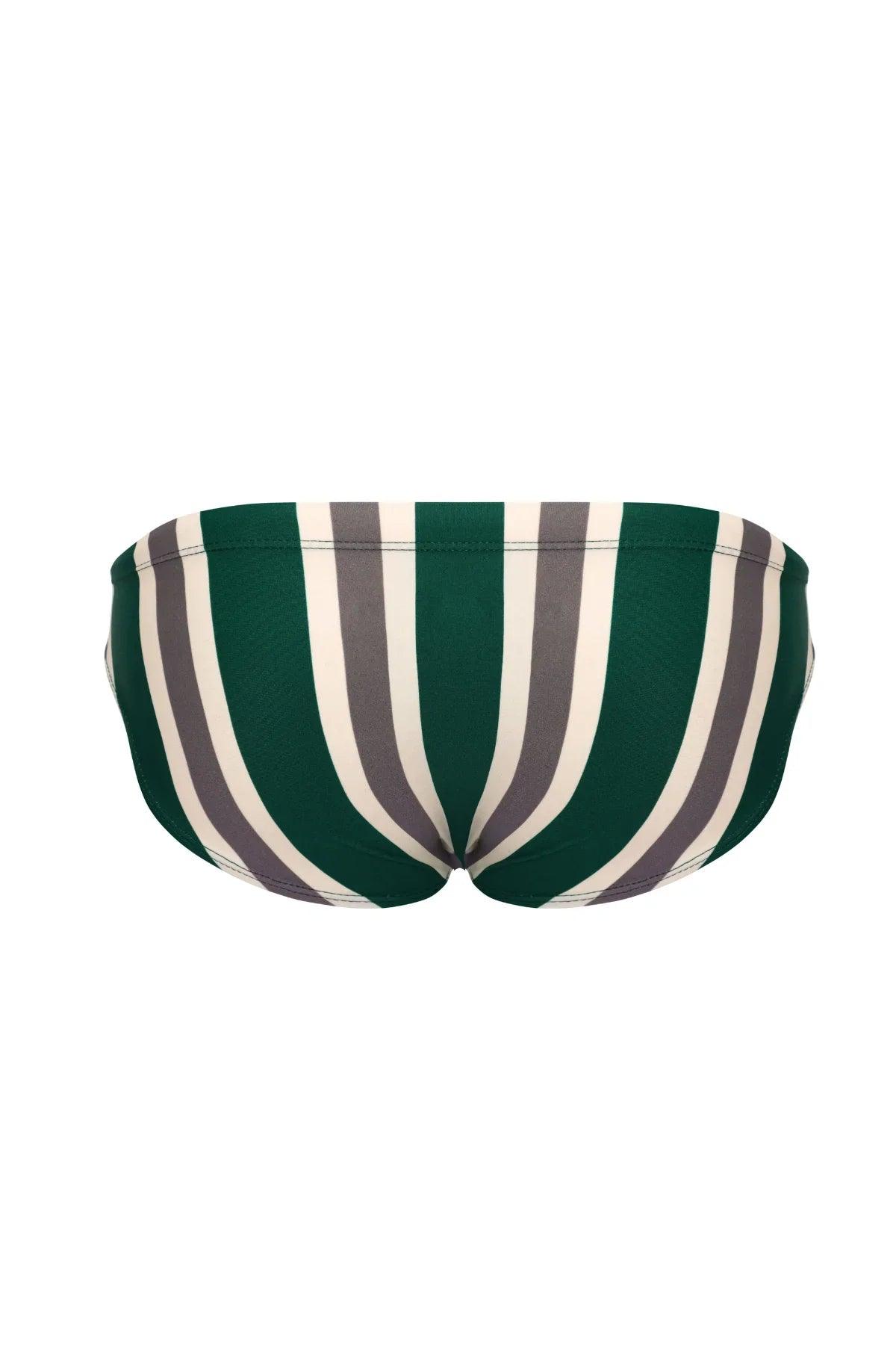 Green and white striped men's swim briefs with gray accents, stylish and comfortable design
