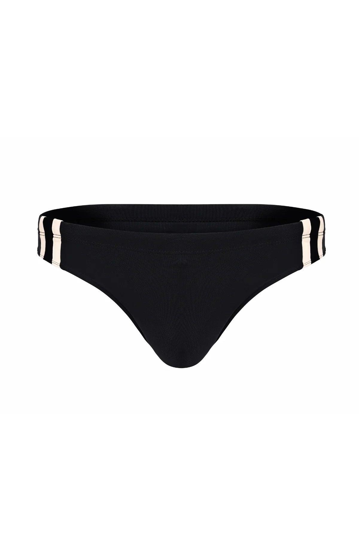 Black men's bikini underwear with white stripe waistband, stylish and comfortable fit