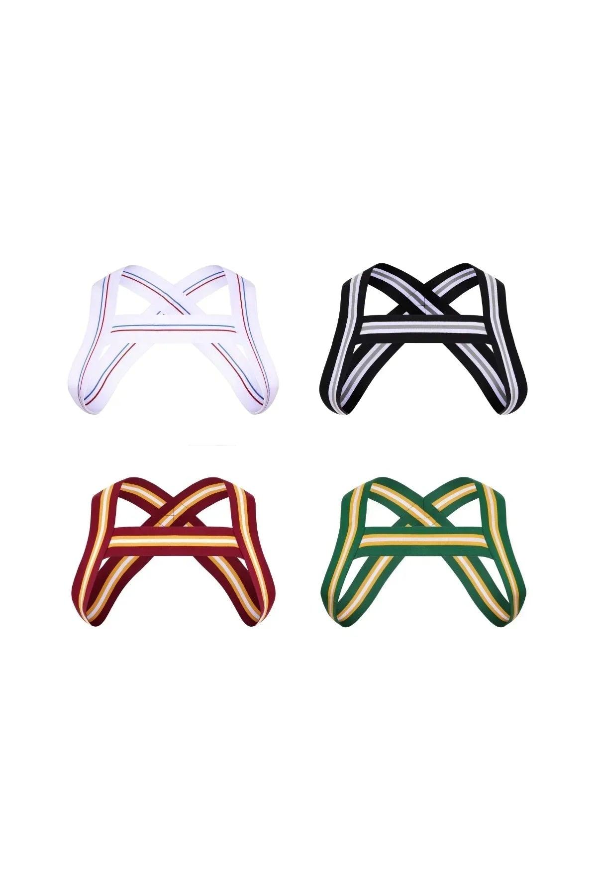 Four varsity-inspired multi-color harnesses in white, black, red, and green on white background