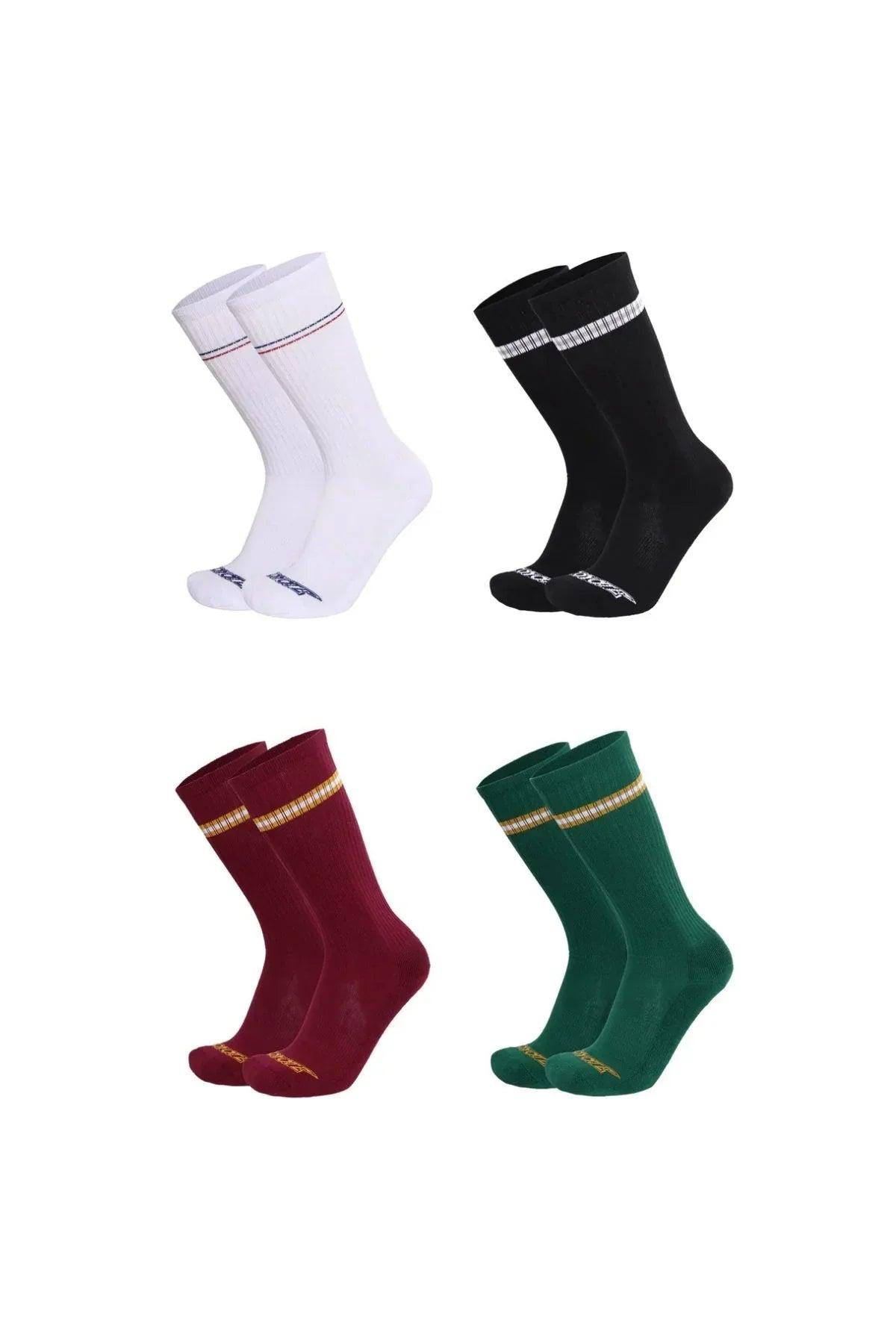 Assorted athletic crew socks in white, black, burgundy, and green with contrast stripes.