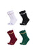Assorted athletic crew socks in white, black, burgundy, and green with contrast stripes.