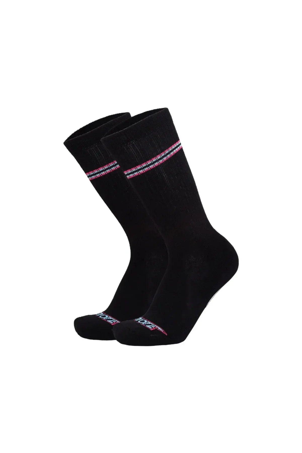 Black varsity socks with neon pink and blue stripes, athletic crew style