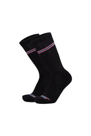 Black varsity socks with neon pink and blue stripes, athletic crew style