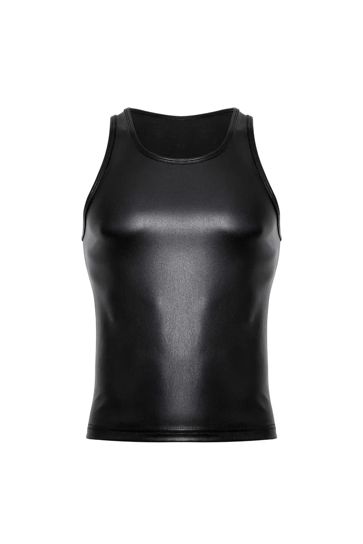 Black vegan leather crop tank top for men, sleeveless, shiny finish, front view