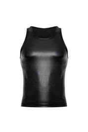 Black vegan leather crop tank top for men, sleeveless, shiny finish, front view