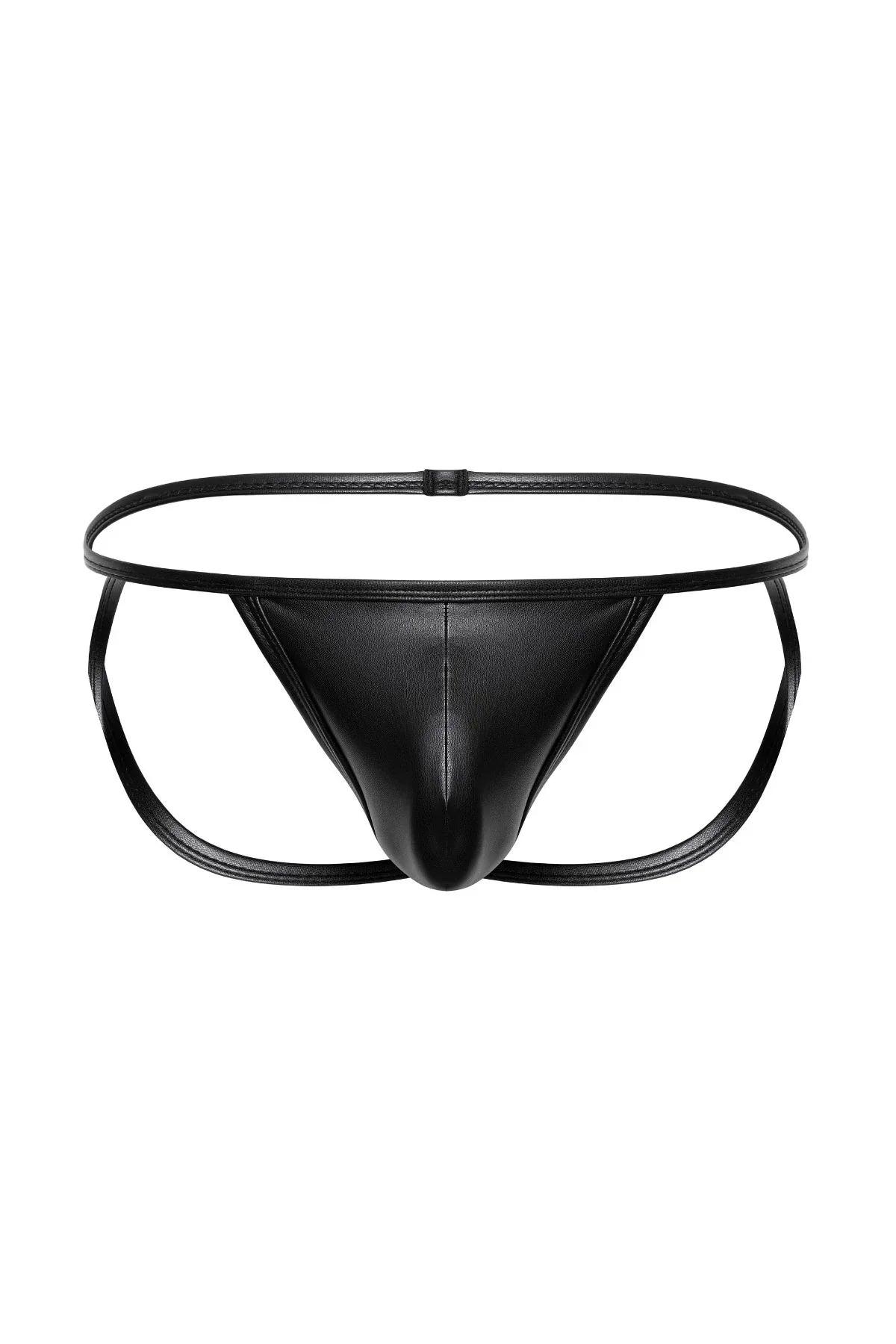 Black vegan leather micro jockstrap with minimal straps, front view on white background.