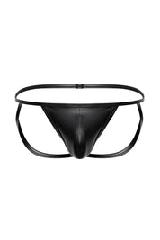 Black vegan leather micro jockstrap with minimal straps, front view on white background.
