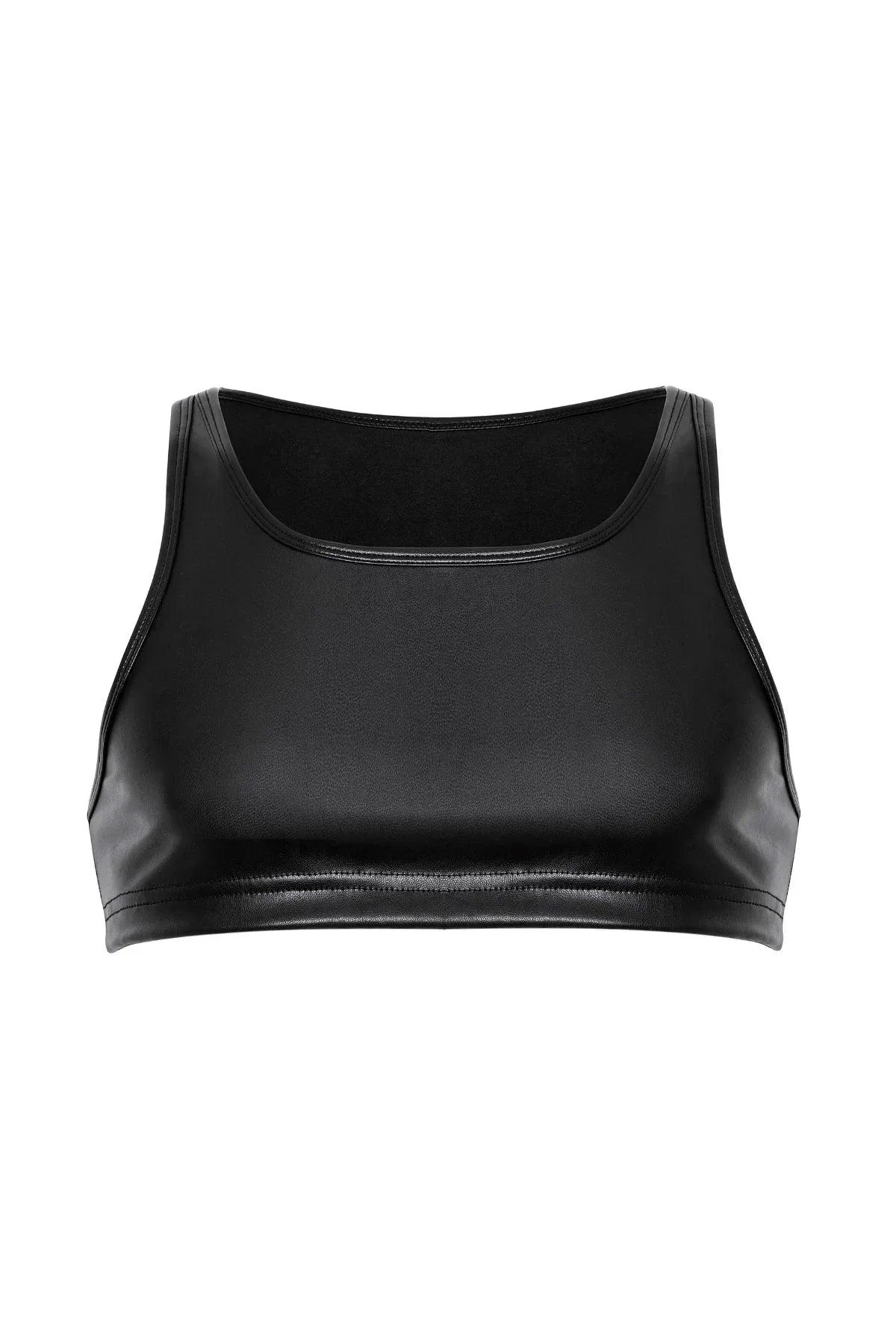 Black vegan leather micro tank top with a sleek, fitted design on white background.