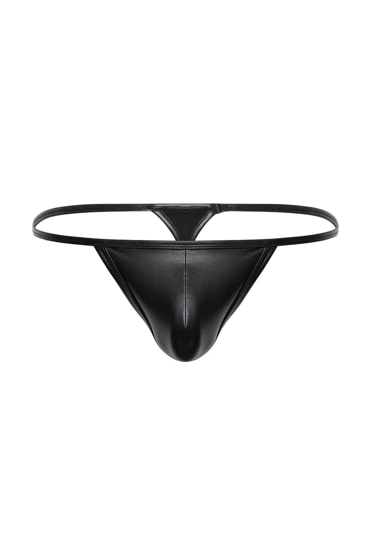 Black vegan leather micro thong for men with minimal design, front view on white background