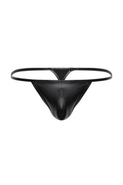 Black vegan leather micro thong for men with minimal design, front view on white background