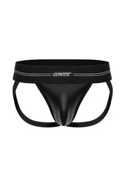 Black vegan leather jockstrap with elastic waistband and bold front pouch, isolated on white