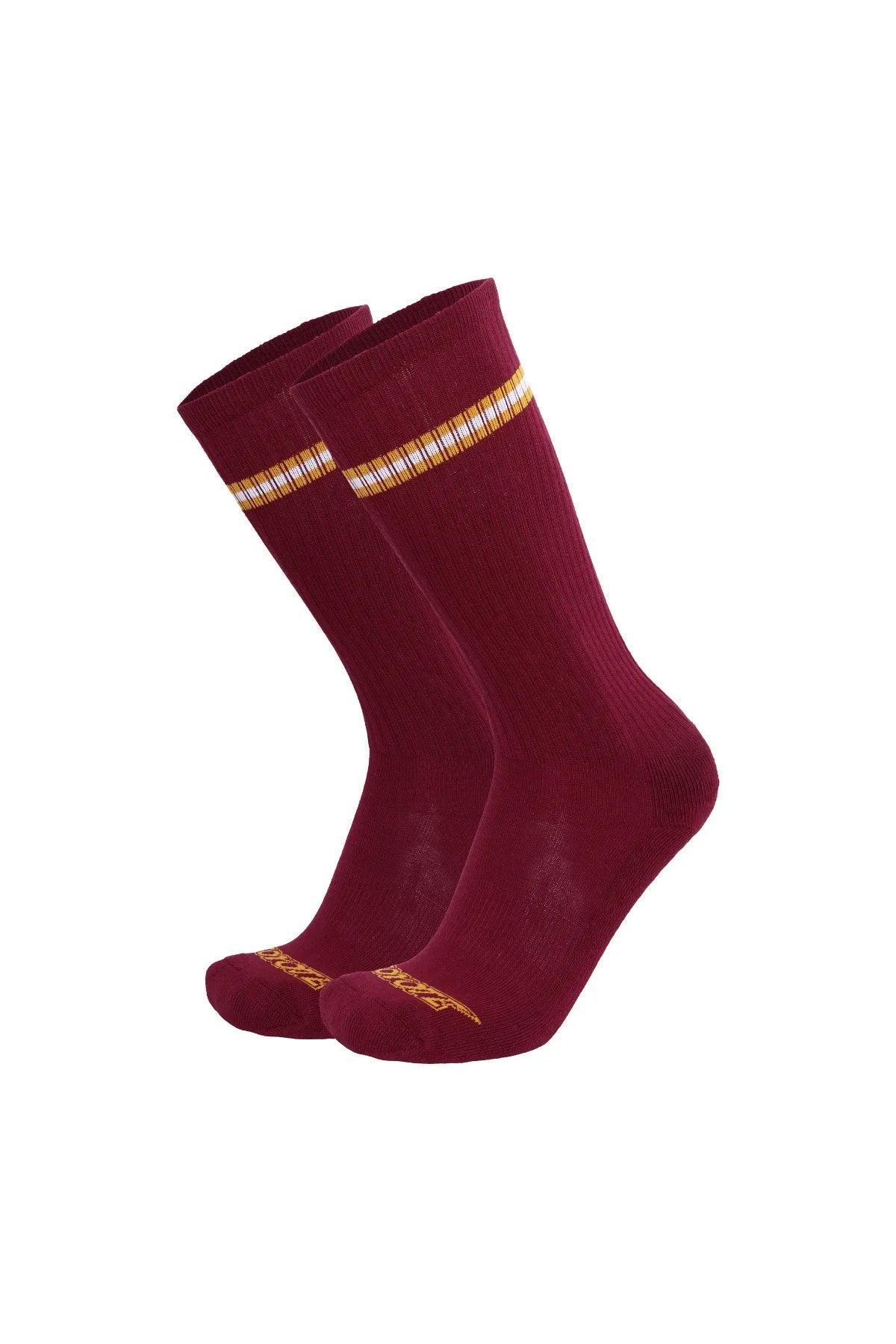 Burgundy varsity socks with yellow and white athletic stripes, ribbed crew length