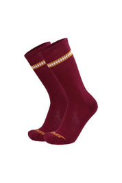 Burgundy varsity socks with yellow and white athletic stripes, ribbed crew length