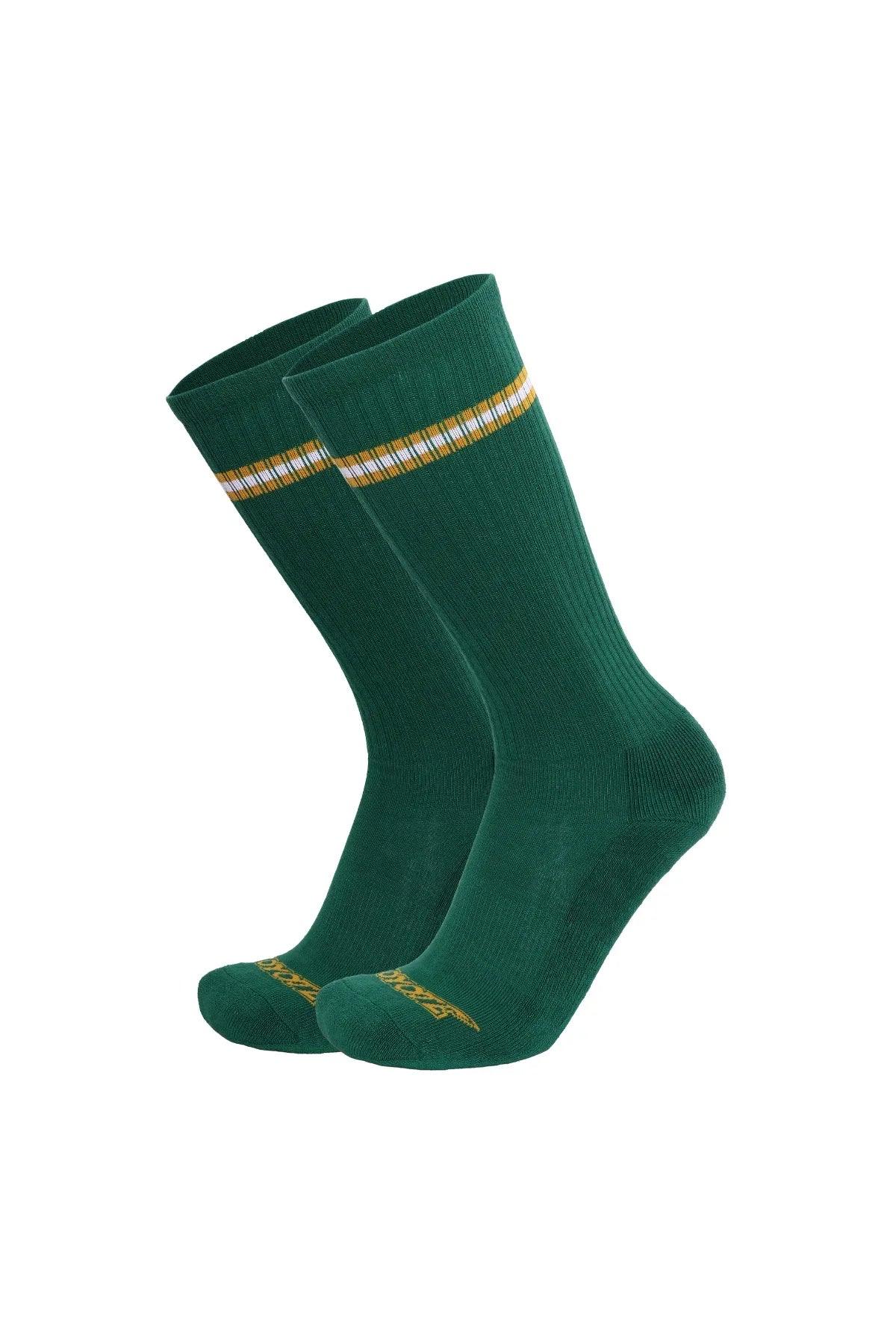Hunter green varsity socks with white and gold stripe, athletic ribbed crew style