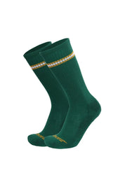 Hunter green varsity socks with white and gold stripe, athletic ribbed crew style