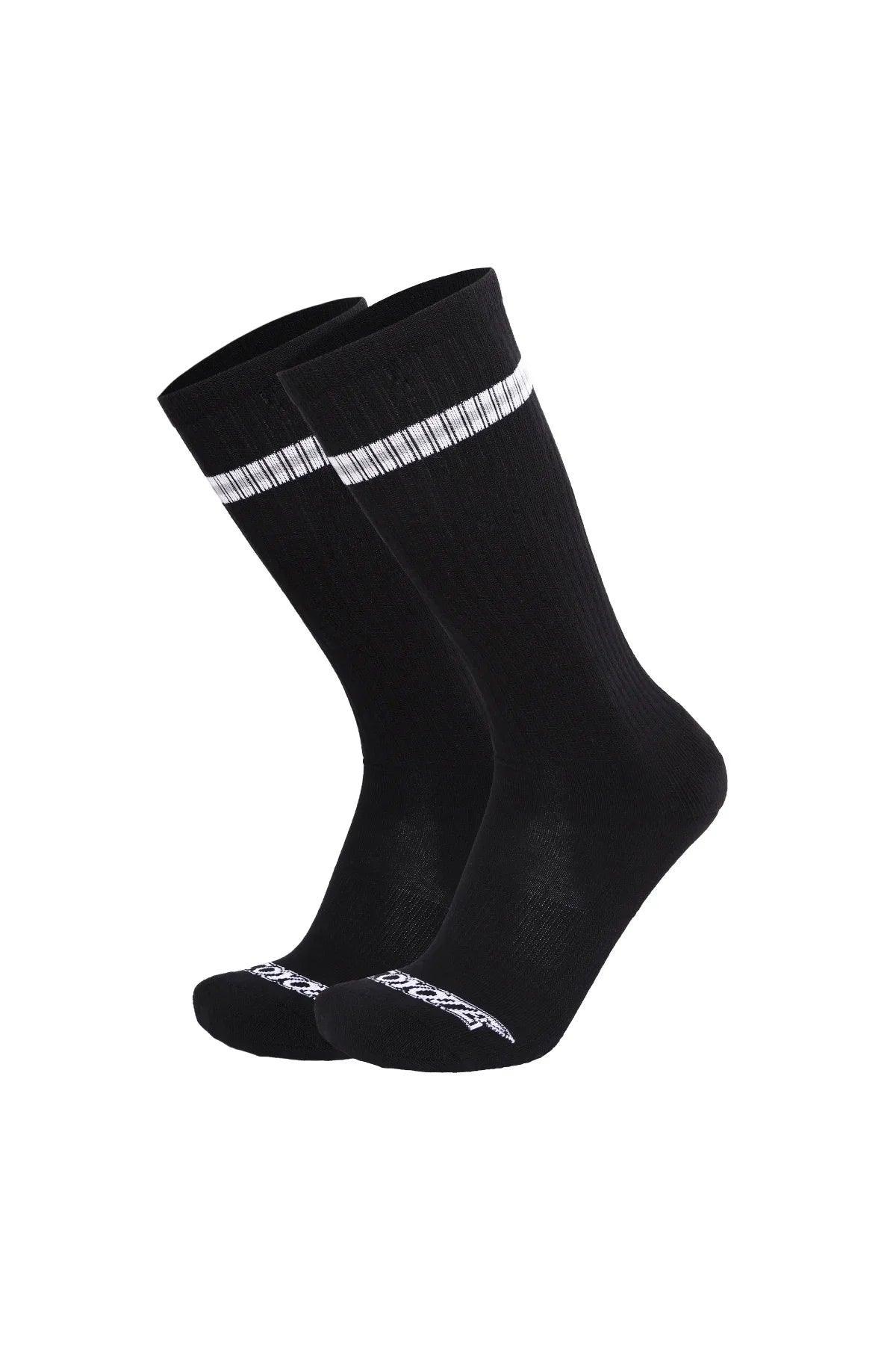 Black varsity crew socks with white stripe detail and white text on the toe, sportswear style