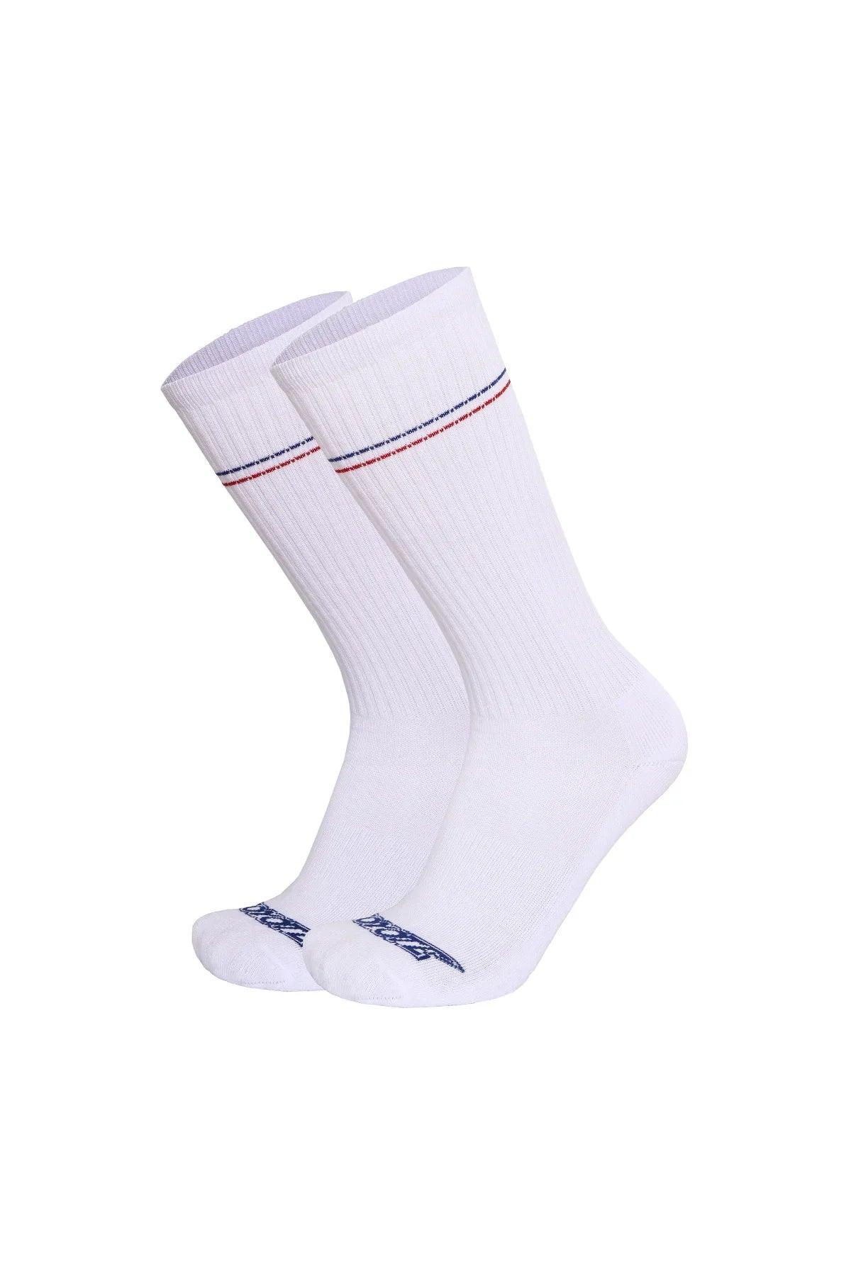 White varsity crew socks with red and blue stripes, ribbed texture, athletic style