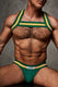Muscular man wearing green striped harness and matching underwear with white and yellow accents